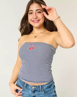 Geripptes, trägerloses Tube-Top mit Kirschstickerei