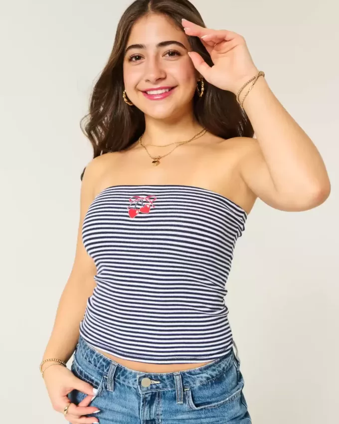 Geripptes, trägerloses Tube-Top mit Kirschstickerei