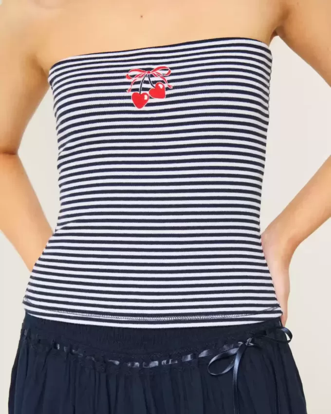 Geripptes, trägerloses Tube-Top mit Kirschstickerei
