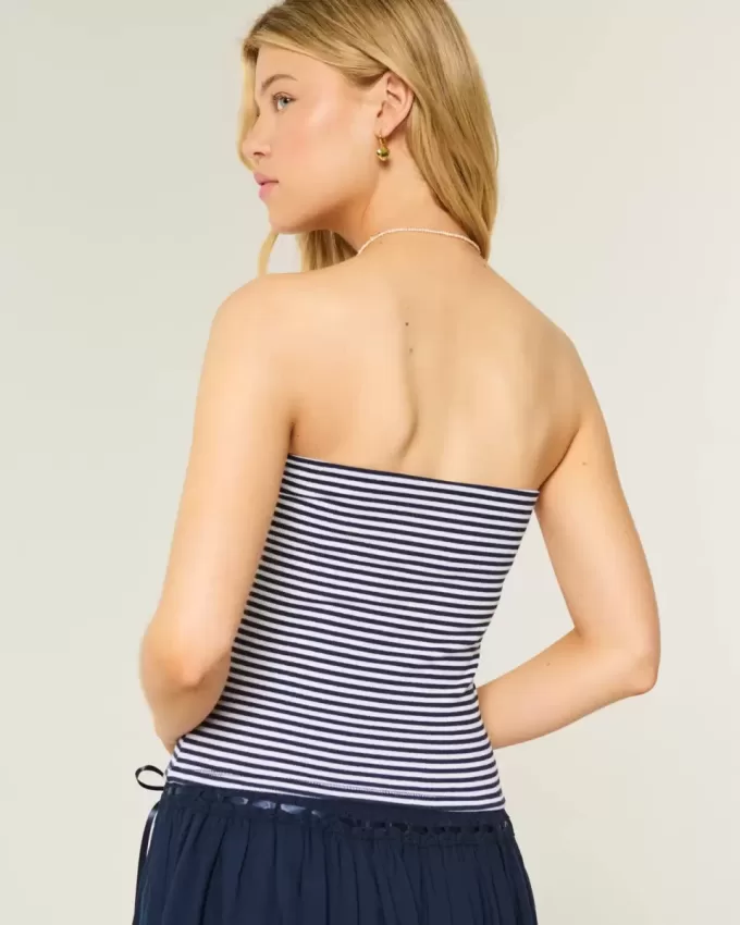 Geripptes, trägerloses Tube-Top mit Kirschstickerei