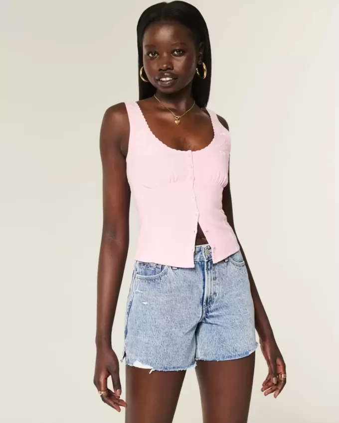 High-Rise Baggy-Jeansshorts mit mittlerer Waschung und Muschelstickerei, 5″ High-Rise Baggy-Jeansshorts mit mittlerer Waschung und Muschelstickerei, 5″