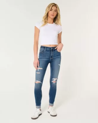 High-Rise-Risse, zerrissene Super Skinny Jeans in mittlerer Waschung