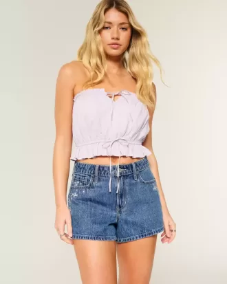 Hoch geschnittene Jeansshorts in A-Linie mit mittlerer Waschung und Blumenstickerei