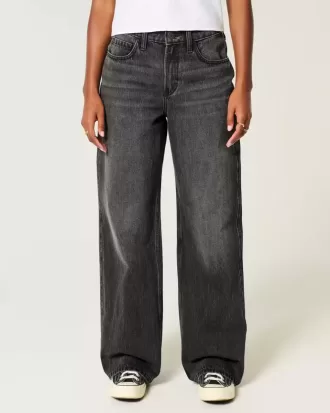 Hoch geschnittene, verwaschene Baggy-Jeans in Schwarz