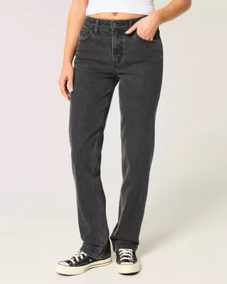 Hoch geschnittene, verwaschene, schwarze Straight-Jeans