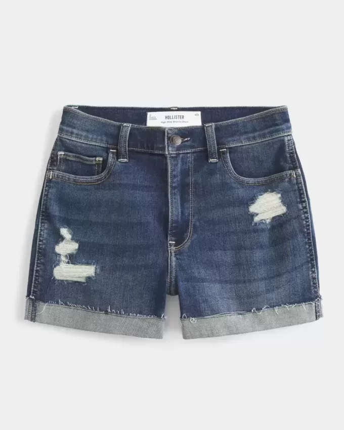 Hoch geschnittene, zerrissene Shortie-Shorts aus dunklem Denim Hoch geschnittene, zerrissene Shortie-Shorts aus dunklem Denim