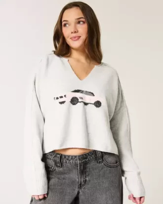 Hollister – Bequemer Pullover mit Wolkengrafik und Kerbkragen
