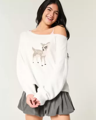Hollister – Comfy Cloud – Bequemer, schulterfreier Pullover mit Hirschgrafik