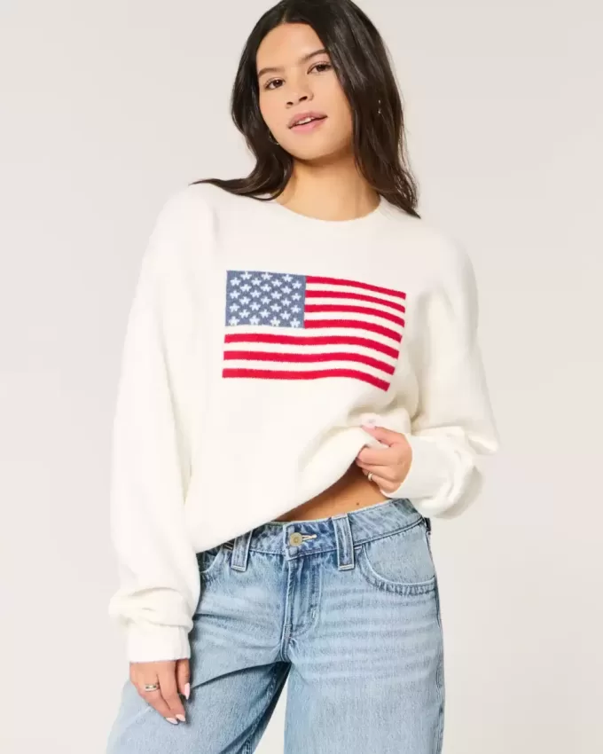 Hollister – Comfy Cloud – Rundhalspullover mit amerikanischer Flaggengrafik