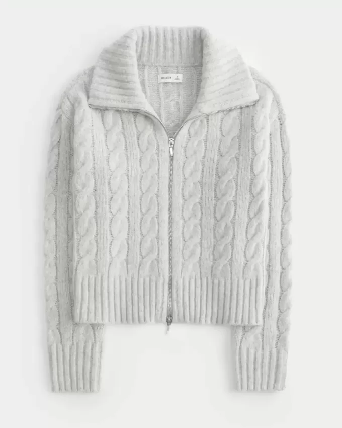 Hollister – Comfy Cloud – Zopfmusterpullover mit Reißverschluss