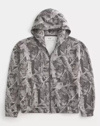 Kastenförmiger Kapuzenpullover mit Camouflage-Muster und Reißverschluss