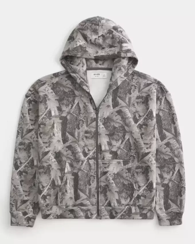 Kastenförmiger Kapuzenpullover mit Camouflage-Muster und Reißverschluss