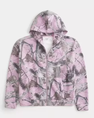 Kastenförmiger Kapuzenpullover mit Camouflage-Muster und Reißverschluss