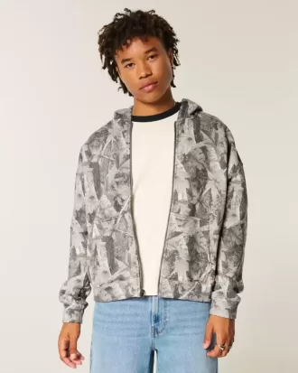Kastenförmiger Kapuzenpullover mit Camouflage-Muster und Reißverschluss