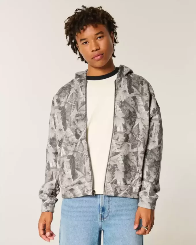 Kastenförmiger Kapuzenpullover mit Camouflage-Muster und Reißverschluss