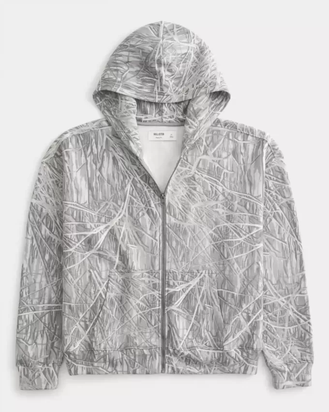 Kastenförmiger Kapuzenpullover mit Camouflage-Muster und Reißverschluss Kastenförmiger Kapuzenpullover mit Camouflage-Muster und Reißverschluss