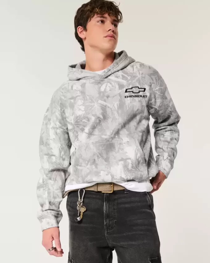 Kastenförmiger Kapuzenpullover mit Chevrolet-Grafik im Camo-Stil Kastenförmiger Kapuzenpullover mit Chevrolet-Grafik im Camo-Stil