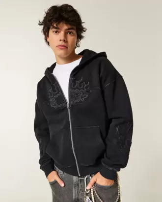 Kastenförmiger Kapuzenpullover mit Reißverschluss und Flammengrafik
