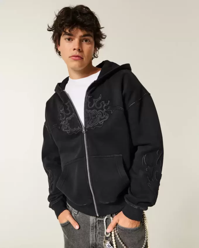 Kastenförmiger Kapuzenpullover mit Reißverschluss und Flammengrafik