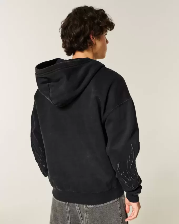 Kastenförmiger Kapuzenpullover mit Reißverschluss und Flammengrafik