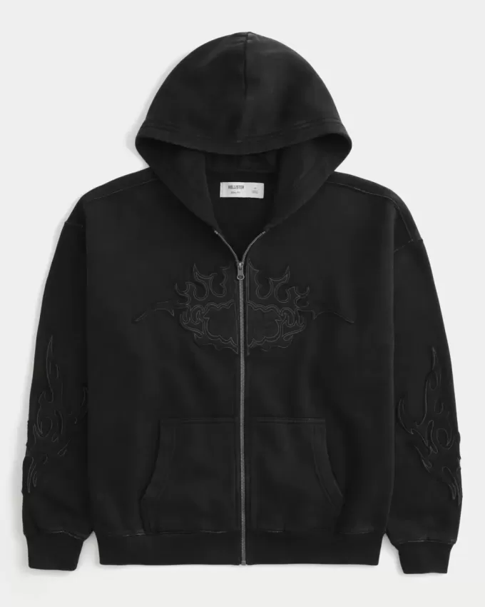 Kastenförmiger Kapuzenpullover mit Reißverschluss und Flammengrafik