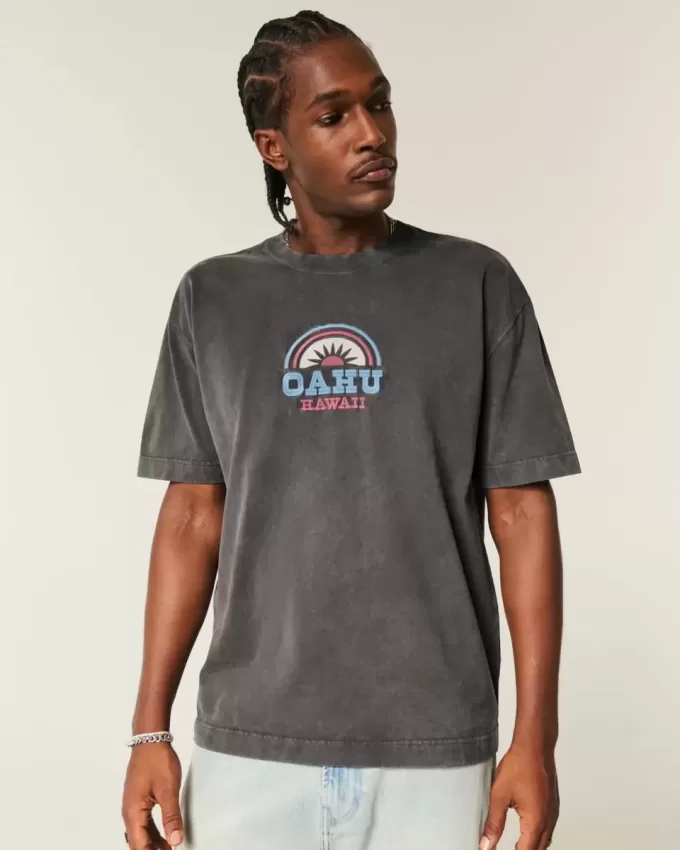 Kastenförmiges, schweres T-Shirt mit Oahu-Grafik Kastenförmiges, schweres T-Shirt mit Oahu-Grafik