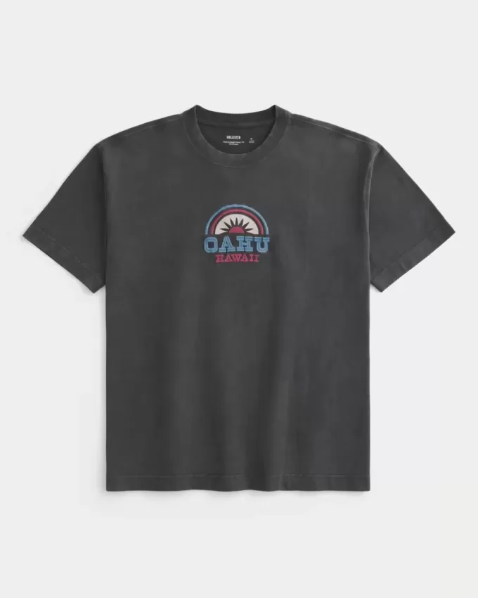 Kastenförmiges, schweres T-Shirt mit Oahu-Grafik Kastenförmiges, schweres T-Shirt mit Oahu-Grafik