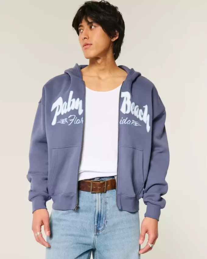 Kastenförmiges Sweatshirt mit Palm Beach-Grafik und Reißverschluss Kastenförmiges Sweatshirt mit Palm Beach-Grafik und Reißverschluss