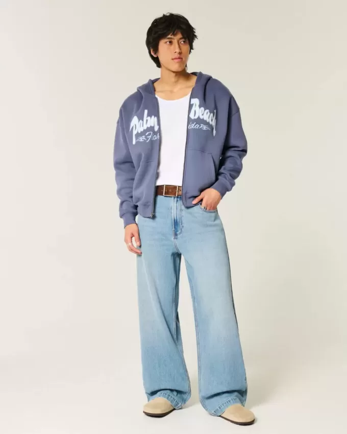 Kastenförmiges Sweatshirt mit Palm Beach-Grafik und Reißverschluss Kastenförmiges Sweatshirt mit Palm Beach-Grafik und Reißverschluss