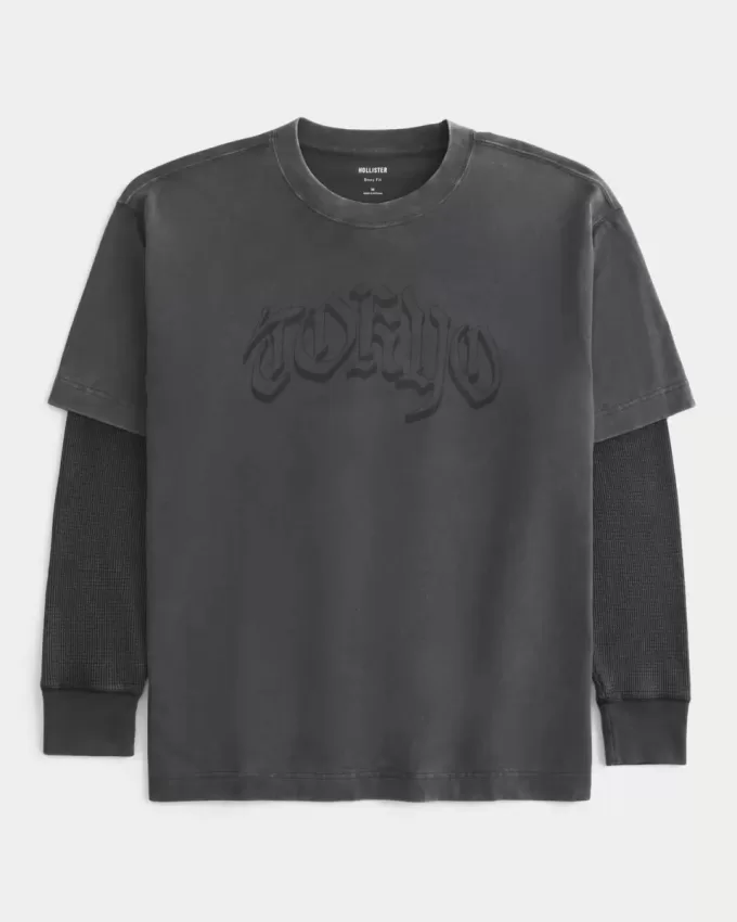 Kastenförmiges Thermo-Shirt mit Tokyo-Grafik Kastenförmiges Thermo-Shirt mit Tokyo-Grafik
