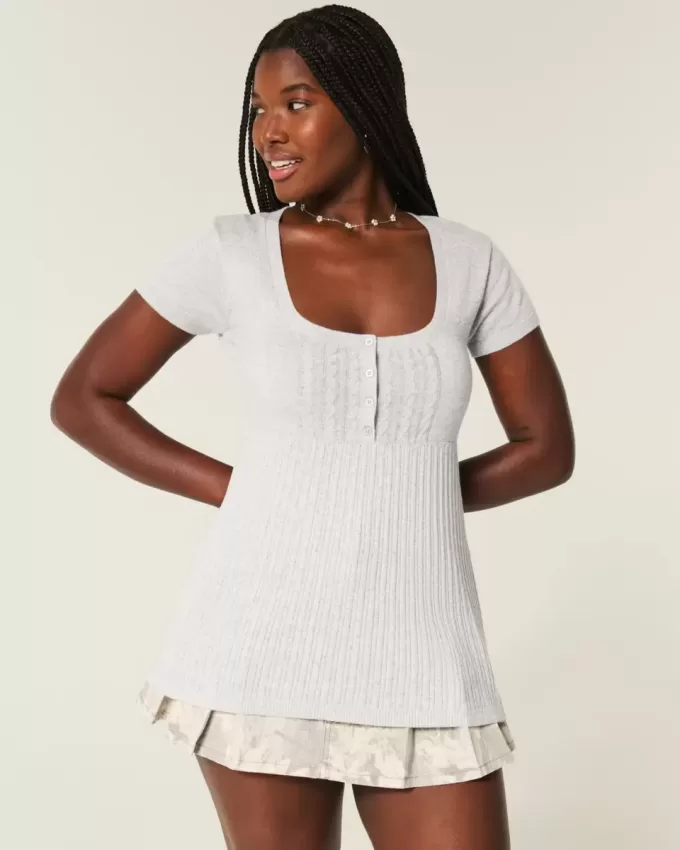 Kurzarm-Henley-Babydoll-Oberteil