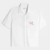 Kurzärmliges Hemd aus Leinenmischung mit rosa Flamingo-Mond-Grafik