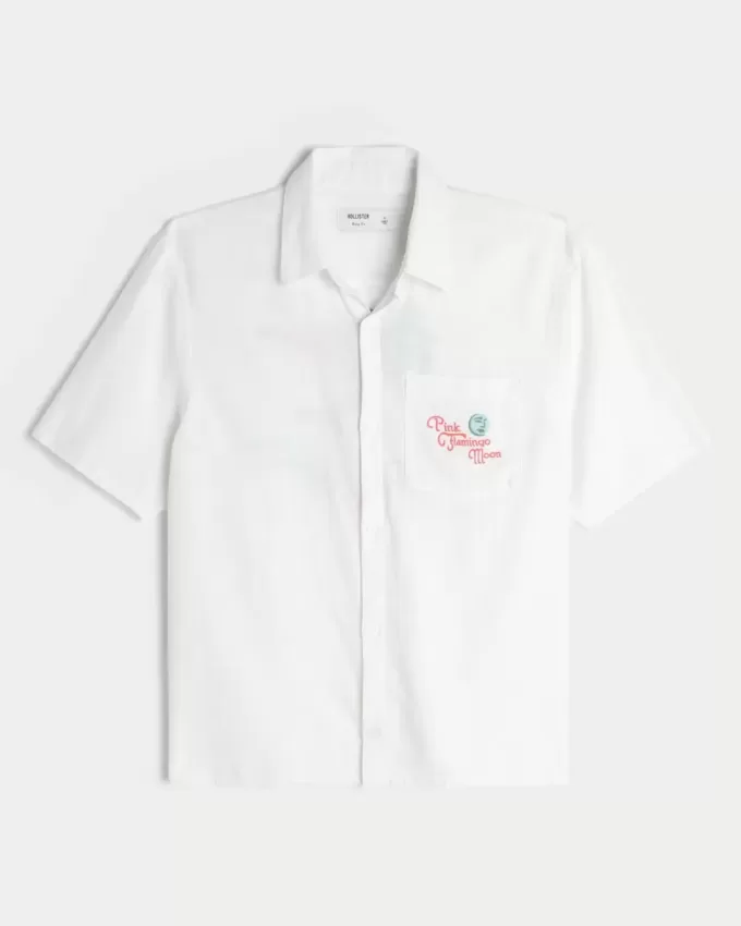 Kurzärmliges Hemd aus Leinenmischung mit rosa Flamingo-Mond-Grafik