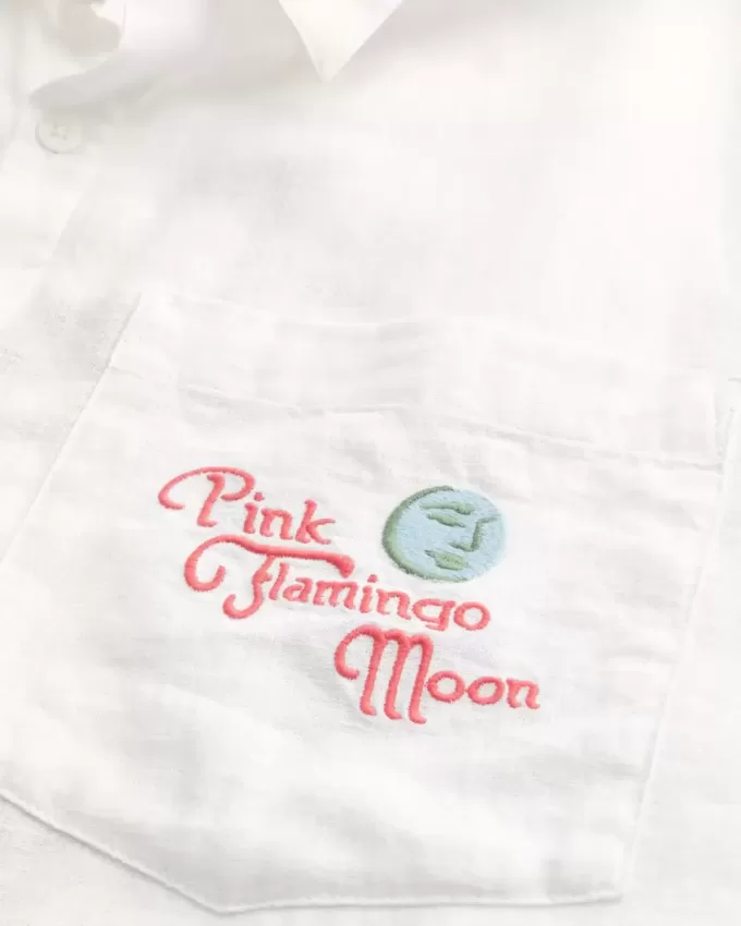 Kurzärmliges Hemd aus Leinenmischung mit rosa Flamingo-Mond-Grafik