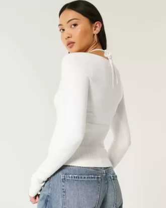 Langärmliger Neckholder-Pullover mit Bindeband