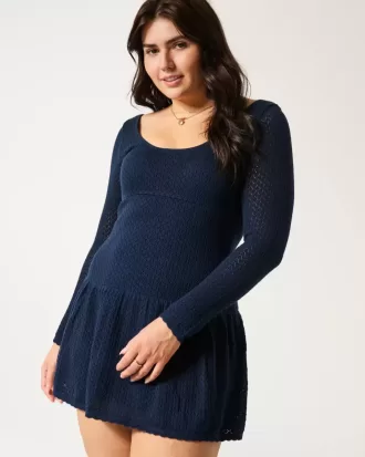 Langärmliges Mini-Skaterkleid im Häkelstil mit tiefer Taille