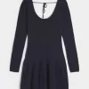 Langärmliges Mini-Skaterkleid im Häkelstil mit tiefer Taille