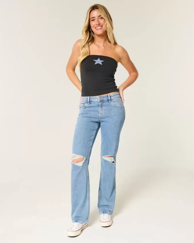 Lockere, gerade geschnittene Jeans mit niedrigem Bund und mittlerer Waschung Lockere, gerade geschnittene Jeans mit niedrigem Bund und mittlerer Waschung