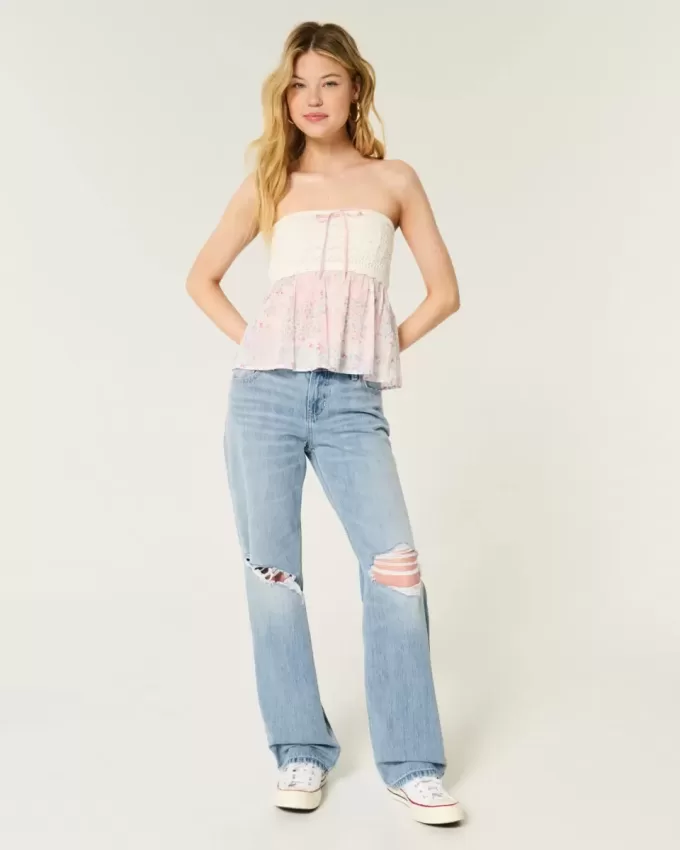 Lockere Jeans mit niedrigem Bund und Rissen in heller Waschung Lockere Jeans mit niedrigem Bund und Rissen in heller Waschung