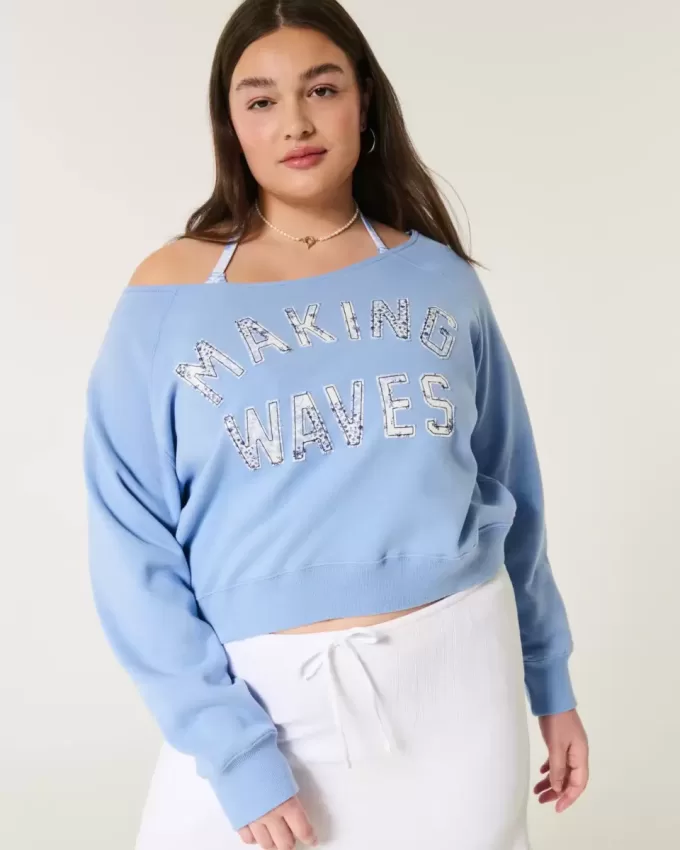 Lockeres, schulterfreies Sweatshirt mit Rundhalsausschnitt und „Making Waves“-Grafik Lockeres, schulterfreies Sweatshirt mit Rundhalsausschnitt und „Making Waves“-Grafik