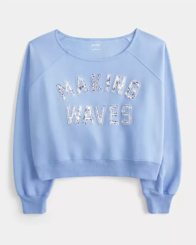 Lockeres, schulterfreies Sweatshirt mit Rundhalsausschnitt und „Making Waves“-Grafik Lockeres, schulterfreies Sweatshirt mit Rundhalsausschnitt und „Making Waves“-Grafik
