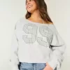 Lockeres, schulterfreies Sweatshirt mit Rundhalsausschnitt und Zahlengrafik Lockeres, schulterfreies Sweatshirt mit Rundhalsausschnitt und Zahlengrafik