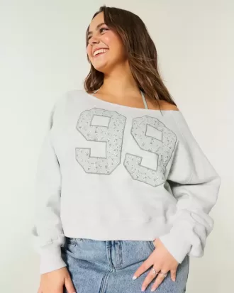 Lockeres, schulterfreies Sweatshirt mit Rundhalsausschnitt und Zahlengrafik