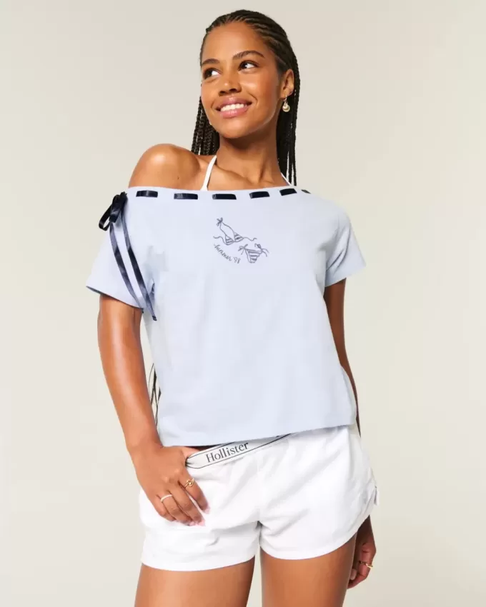 Lockeres, schulterfreies T-Shirt zum Binden