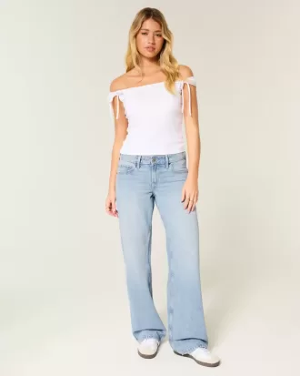 Low-Rise Baggy-Jeans in heller Waschung mit Nieten und Schleifen