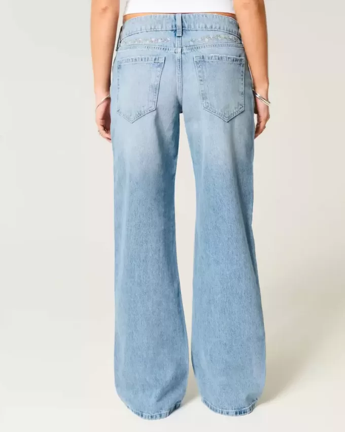 Low-Rise Baggy-Jeans mit Blumenstickerei in mittlerer Waschung Low-Rise Baggy-Jeans mit Blumenstickerei in mittlerer Waschung