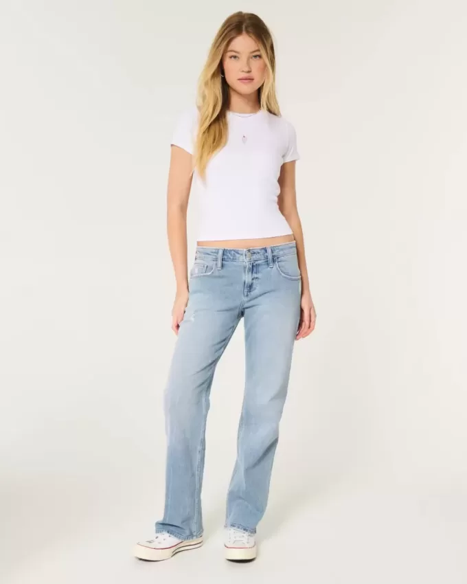 Low-Rise Distressed Relaxed Straight Jeans in mittlerer Waschung