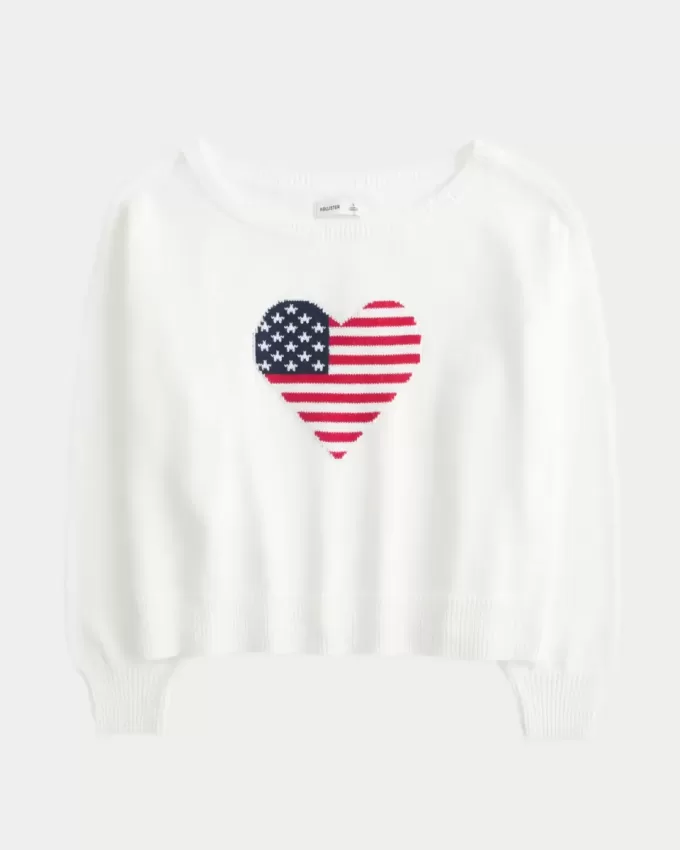 Lässiger, schulterfreier Pullover mit Flaggen- und Herzgrafik