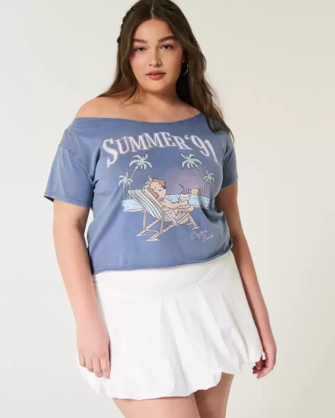Lässiges schulterfreies Sommer-T-Shirt mit Grafik Lässiges schulterfreies Sommer-T-Shirt mit Grafik