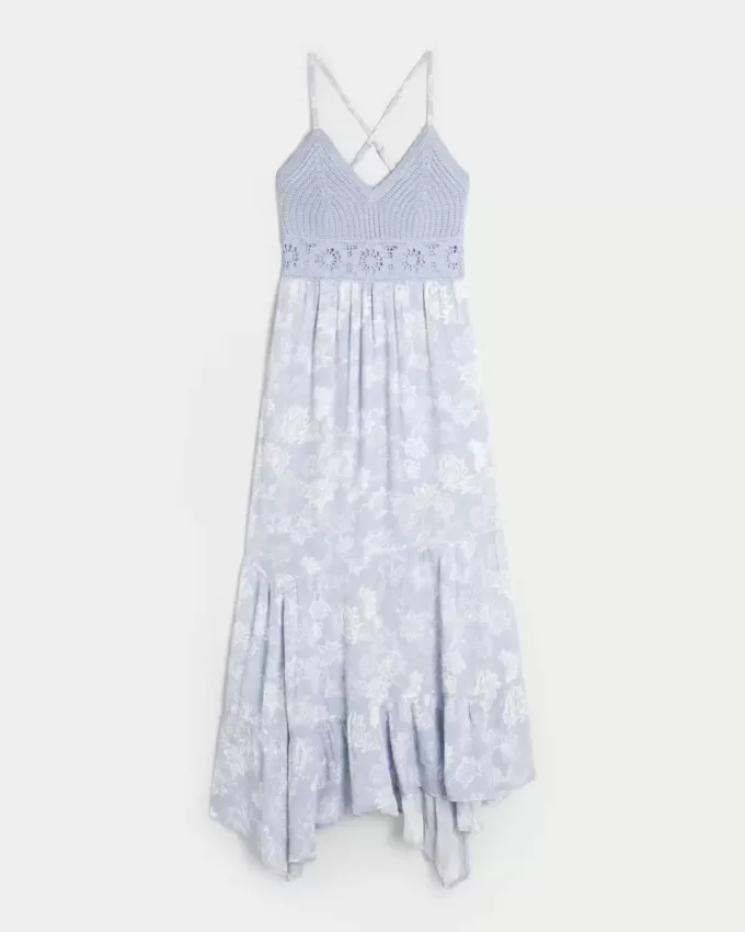 Maxikleid mit V-Ausschnitt im Häkel-Mix